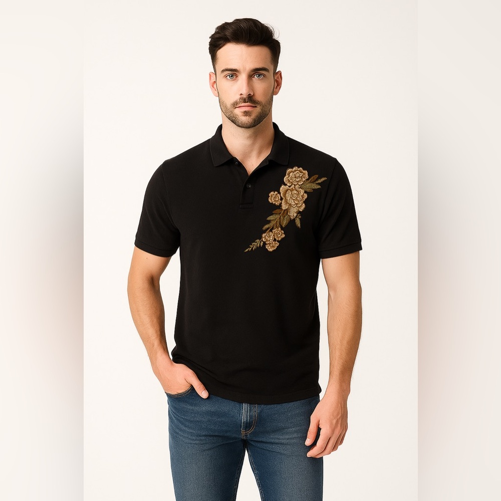Zara Man Embroidered Polo S Mens Black Floral Short Sleeve Roses